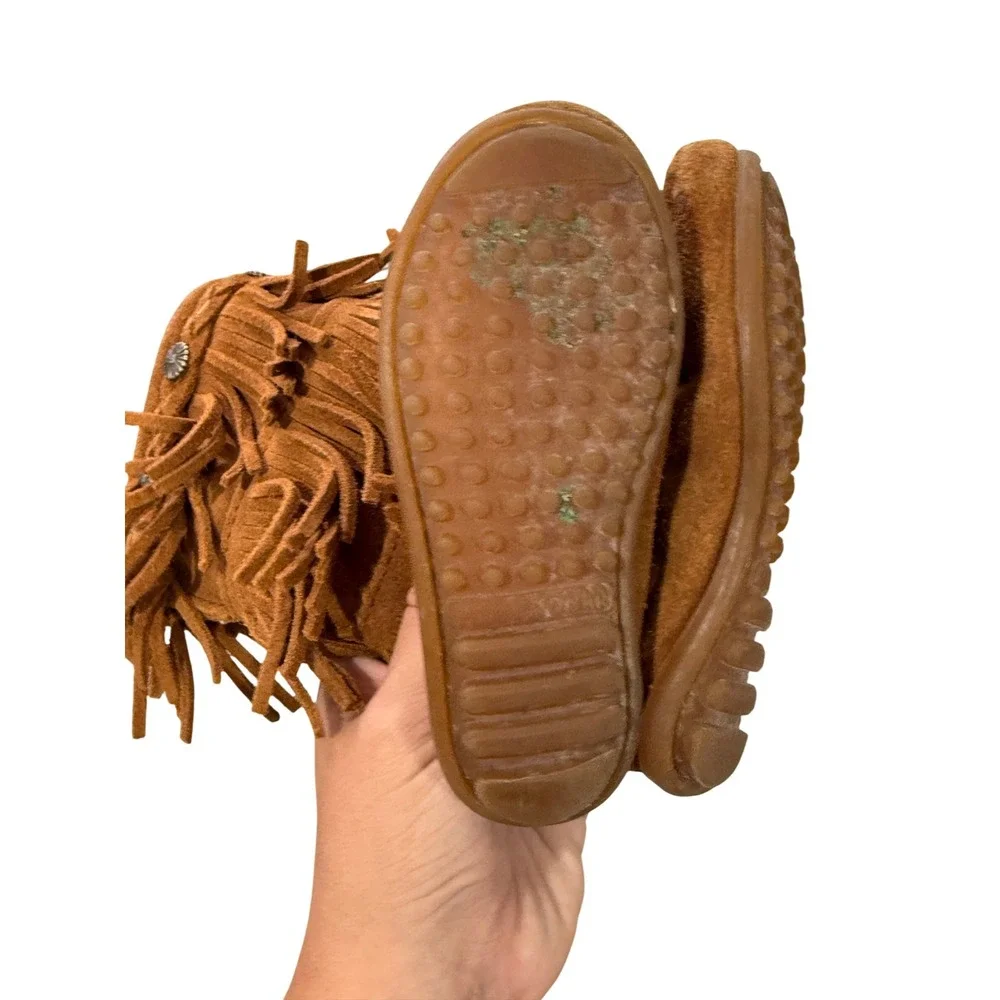 Minnetonka Toddler 3 Layer Fringe Boots Brown Suede Moccasin Zipper Size 7 2652
